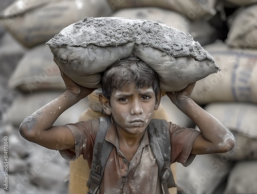 Boy holding a sack of rice in the alley above his head face covered in sweat and dust Children are forced to work on rubbish  Poverty child labor concept