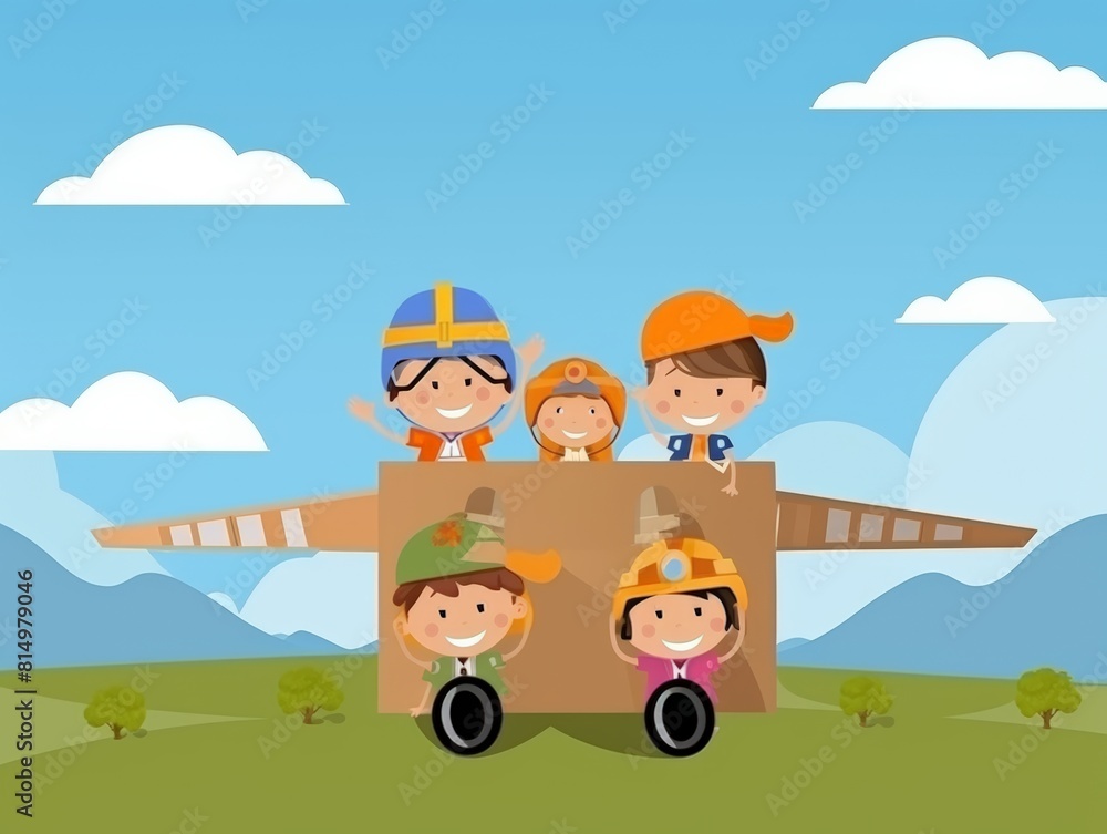 Group of children playing in cardboard airplane outdoors on sunny day. Blue sky, white clouds, green hills create cheerful and imaginative scene. Kids wearing helmets and hats, enjoying pretend play. Group of children playing in cardboard airplane outdoors on sunny day. Blue sky, white clouds, green hills create cheerful and imaginative scene. Kids wearing helmets and hats, enjoying pretend play.