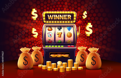 Winner slots machine casino, jackpot fortune, win banner. Vector illustration