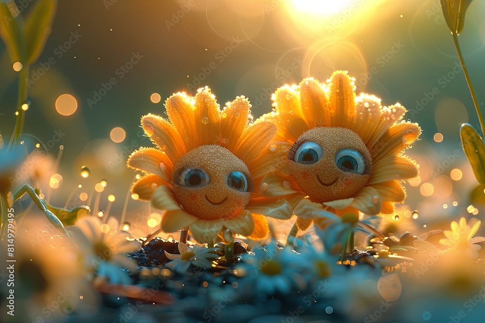 A pair of anthropomorphic whimsical daisies tilt their faces toward each other, their delicate petals meeting in a tender kiss beneath the golden rays of the sun A pair of anthropomorphic whimsical daisies tilt their faces toward each other, their delicate petals meeting in a tender kiss beneath the golden rays of the sun