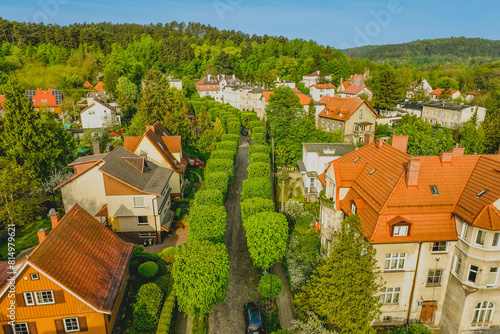 View from a drone of Oliwa, a district of Gdańsk. Spring morning.
