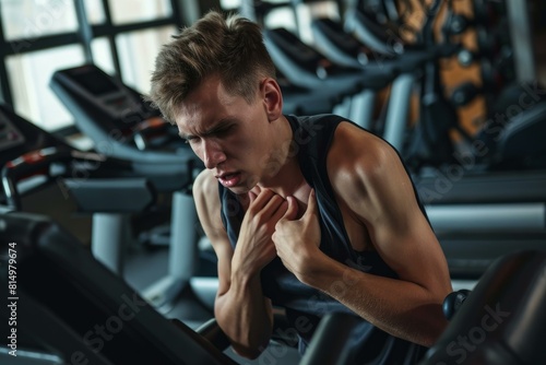 Young sporty man taking a break, showing fatigue and determination in the gym