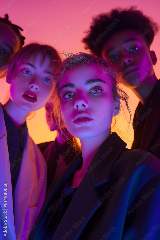 Obraz premium a recruitment ad for a finance company, young people in suits looking down the camera, angle tilt, in the style of a fashion magazine, purple to black gradient in the background, stylis