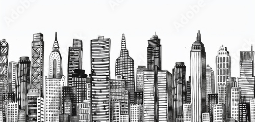 Black and white doodle of urban skylines in a seamless  hand-drawn pattern.