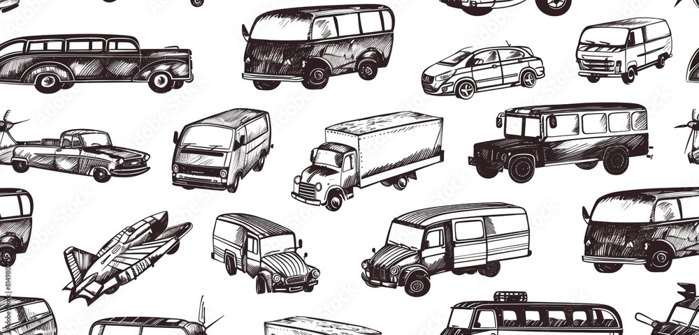 Black and white doodle of various vehicles in a seamless pattern.