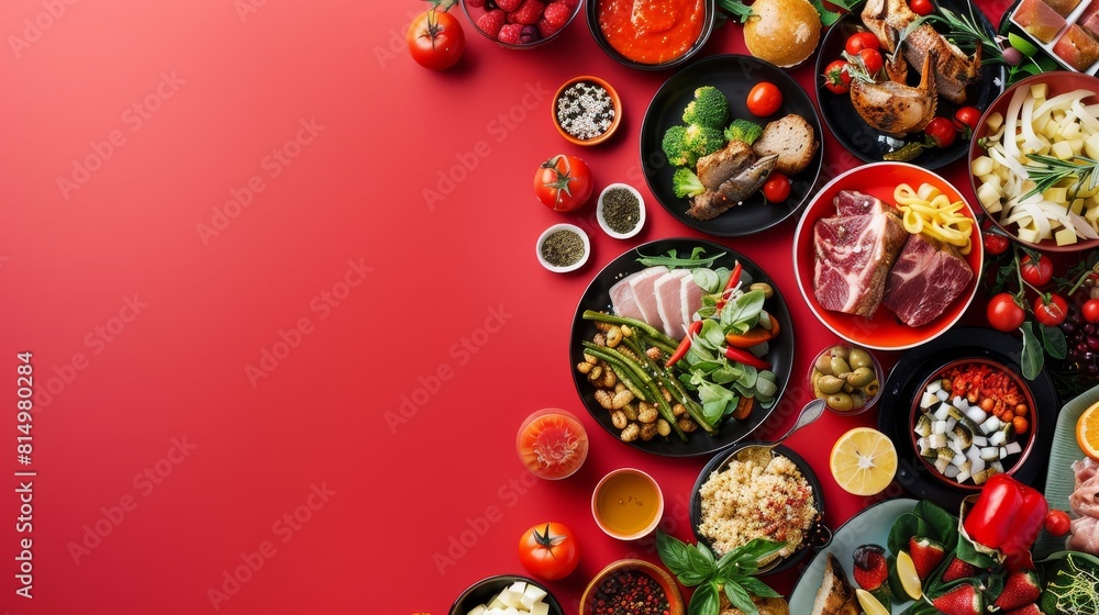 Plate Full of Food on Red Background
