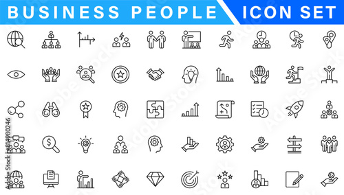 Business people line icons set. Businessman outline icons collection. Teamwork, human resources, meeting, partnership, meeting, work group, success, resume - stock vecto photo