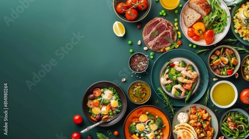 Assorted Gourmet Food on Green Background