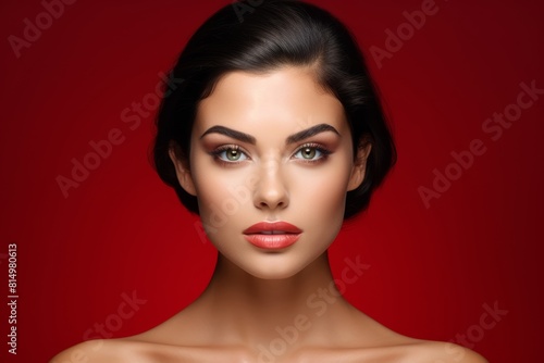 A gorgeous European model  woman  Close-up portrait of a stunning Caucasian model showcasing professional cosmetic makeup  captured against a warm red orange backdrop.