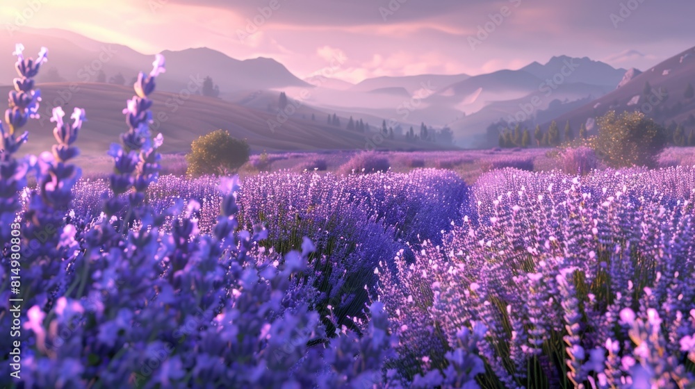 Obraz premium Lavender Field With Mountains in the Background