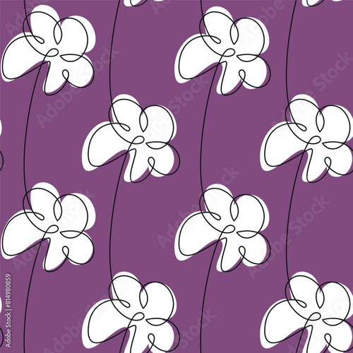 Hand drawn white flowers. Vector seamless pattern. Abstract floral illustration. Outline botanical backdrop. Line continuous drawing, violet wallpaper, cartoon background, fabric, textile, print.