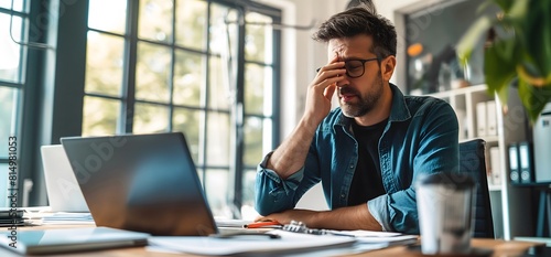 A man sitting at his desk, holding the bridge of his nose with one hand and looking sad as he looks into an open laptop screen, burnout and stress