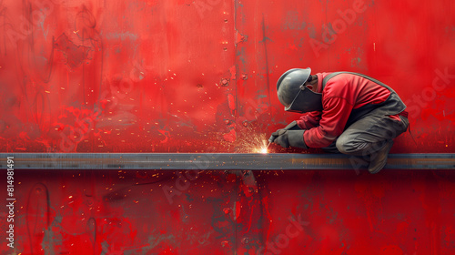 Welder in professional clothing is working welding steel beams, sparks, hot action, red wall background