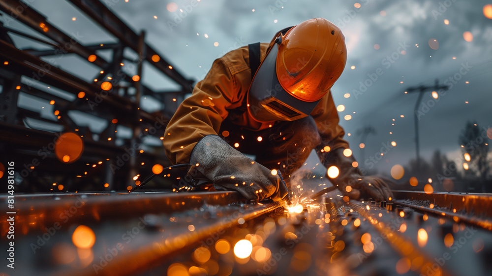 Welder in professional clothing is working welding steel beams, sparks, hot action Welder in professional clothing is working welding steel beams, sparks, hot action
