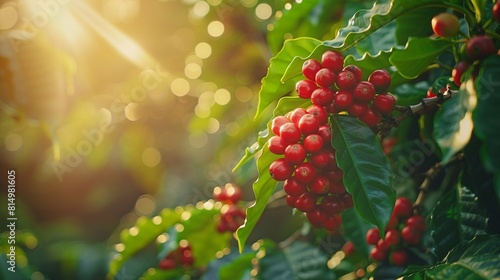 The vibrant colors of a coffee plant in the morning, with its branches adorned with ripe red berries and lush green leaves 8K , high-resolution, ultra HD,up32K HD photo