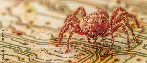 A dust mite exploring a digital landscape on a computer chip, representing the hidden dangers of microscopic pests photo