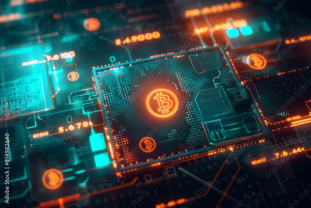 Futuristic Concept of Cryptocurrency Mining with Bitcoin Symbol on Circuit Board