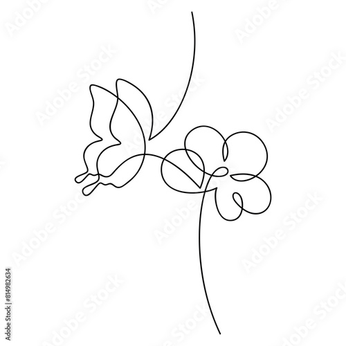 Hand drawn butterfly on flower vector. Linear contour icon. Line continuous drawing. Floral design, botanical print, card, wall art poster, logo, doodle, symbol. Abstract cartoon illustration.