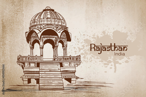 Indian landmarks Gadi Sagar temple on Gadisar lake Jaisalmer, Rajasthan, north India