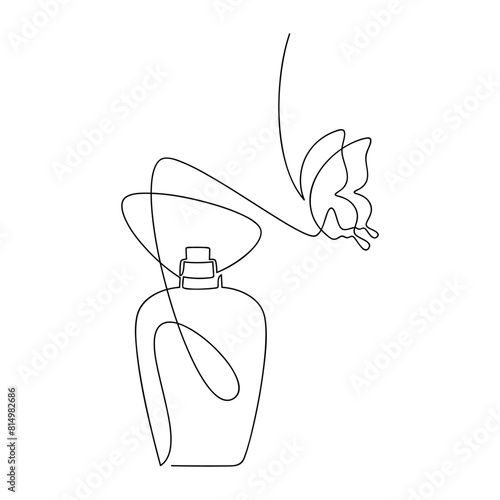 Hand drawn perfume bottle vector. One line continuous drawing. Butterfly silhouette linear illustration, minimal icon, print, banner, card, wall art poster, brochure, doodle, fragrance, spray