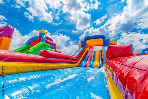 Fototapeta Naklejka Na Ścianę i Meble -   Colorful inflatable castles and slides in the park with water
