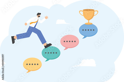 constructive criticism and advice. an entrepreneur listens and uses the reviews and feedback from customers to enhance service quality. boost business performance. towards success. illustration

