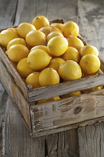 Vibrant lemons in wooden crates on vintage farmhouse table  refreshing summer vibes