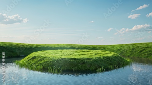 A fantasy 3D rendering presents a circle podium set amidst a grass field with a river, offering a surreal illustration of a cutaway cross-section under a sunny blue afternoon sky.