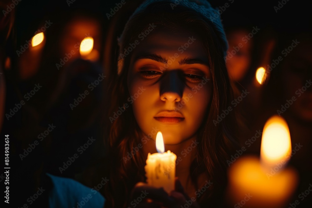 Contemplative young woman holds a candle at a night vigil, surrounded by soft light Contemplative young woman holds a candle at a night vigil, surrounded by soft light