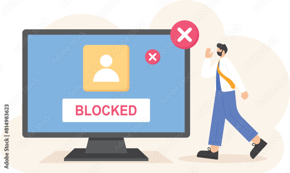 account is blocked or banned. account locked. illegal activity and access denied. a user is shocked and confused why his account can't be used. security system. illustration design concept
account is blocked or banned. account locked. illegal activity and access denied. a user is shocked and confused why his account can't be used. security system. illustration design concept