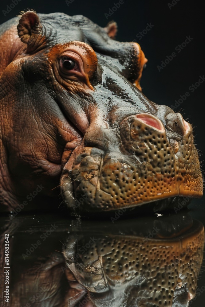 A close-up, detailed portrait of a hippo's face emerging from dark water, with a perfect reflection on water's surface. The image emphasizes hippo's unique features and dramatic contrast of background A close-up, detailed portrait of a hippo's face emerging from dark water, with a perfect reflection on water's surface. The image emphasizes hippo's unique features and dramatic contrast of background
