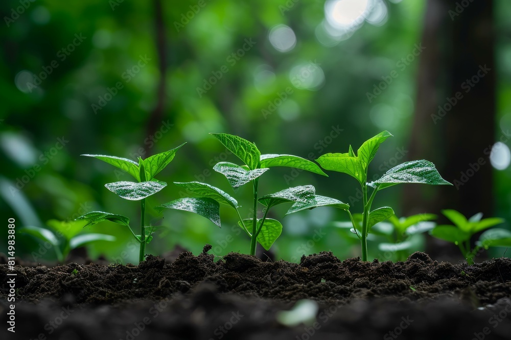 Young plant seedlings emerging from rich soil in the tranquility of a vibrant green forest Young plant seedlings emerging from rich soil in the tranquility of a vibrant green forest