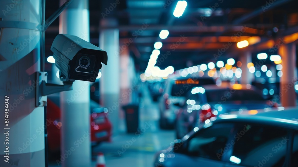 CCTV camera installed in a parking lot, monitoring vehicles and pedestrians for security