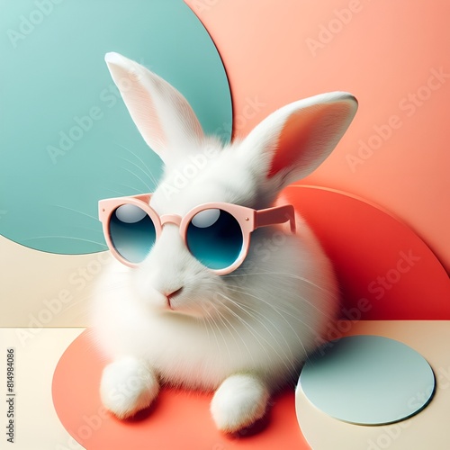 white rabbit with pink bow. Generative AI. Abstract clip-art of White Rabbit. Contemporary colourfully background. photo