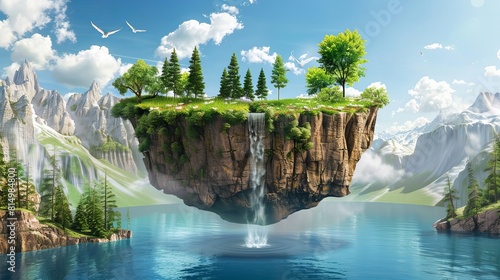 A floating island landscape is depicted with lakes  waterfalls  trees  green grass  and mountains  offering a surreal and captivating view.