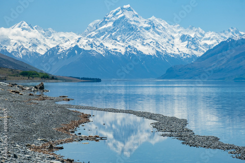 Reflections of a snowcapped mountain in a glacial lake photo