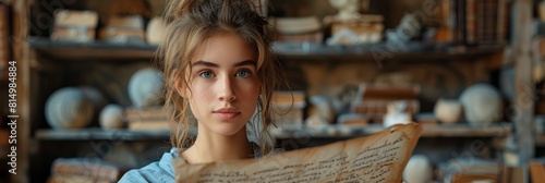 young woman examining ancient artifacts in a museum archive