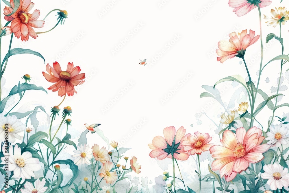 Delicate Daisy Border with Playful Finches in a Serene Watercolor by Nene Thomas