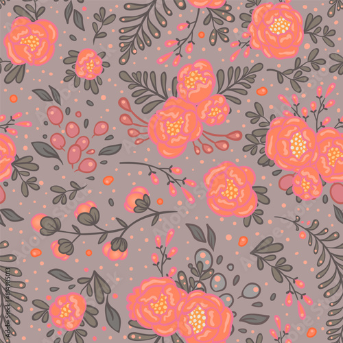 Seamless roses pattern. Vector illustration in freehand style. Stylish floral...