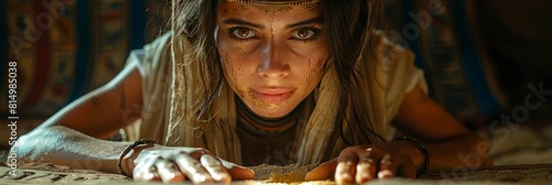 young woman uncovering a hidden chamber in an Egyptian pyramid