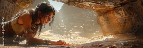 young woman uncovering a hidden chamber in an Egyptian pyramid photo