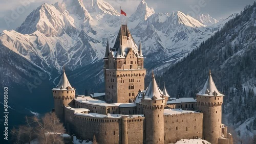 Video animation of grand castle set against a backdrop of majestic snow-covered mountains. The castle features multiple towers with conical roof photo