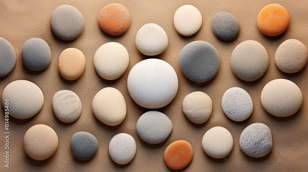 Tranquil zen rock garden with circular patterns in white sand seen from a top down perspective Tranquil zen rock garden with circular patterns in white sand seen from a top down perspective