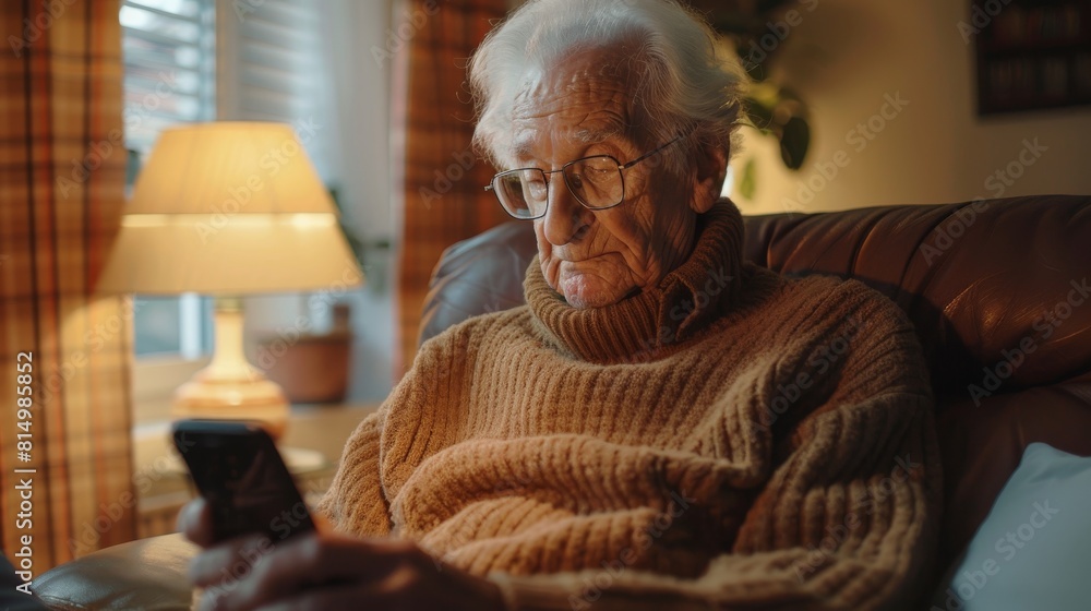 An elderly man is sitting in a chair and looking at his phone An elderly man is sitting in a chair and looking at his phone