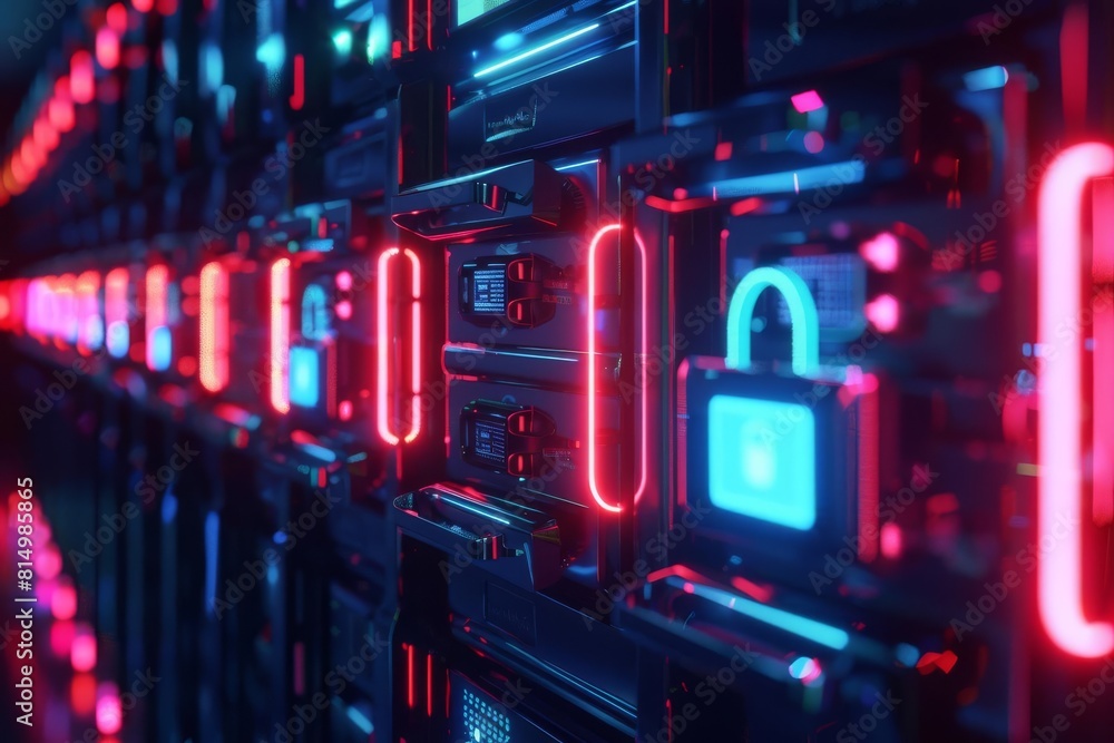 Fototapeta premium Digital security flat design side view cyber protection theme 3D render vivid