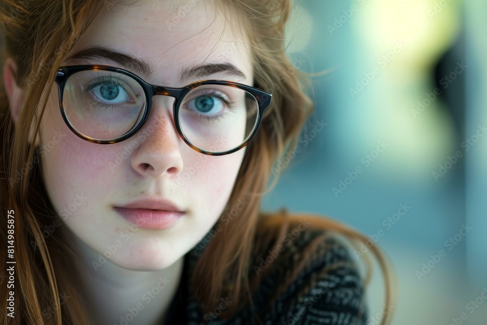 Close-up portrait of a contemplative young woman wearing eyeglasses with a blurred background Close-up portrait of a contemplative young woman wearing eyeglasses with a blurred background