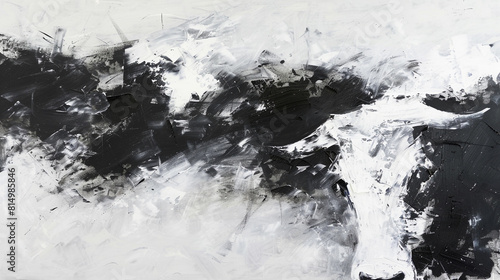 An abstract painting inspired by cow skin, using broad, impressionistic brush strokes in black and white to evoke a sense of movement and drama on a large canvas. photo