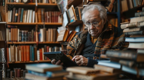 An elderly man is sitting in a library, reading a book. He is wearing a tweed jacket and a scarf. The library is full of bookshelves, and there is a warm, inviting atmosphere. photo