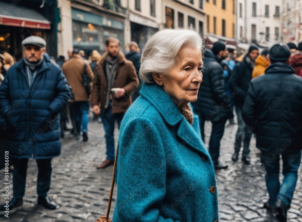 Elderly woman standing on a busy street