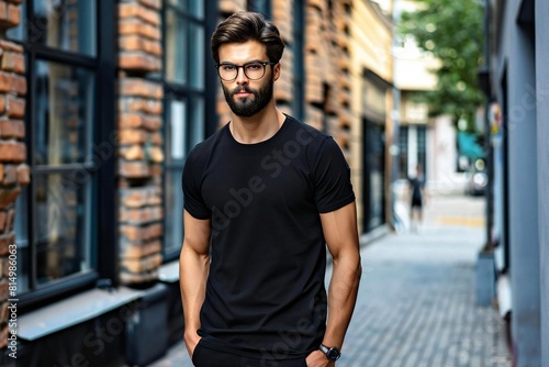 Urban Chic: Young Caucasian Man with Beard in Black T-Shirt and Glasses